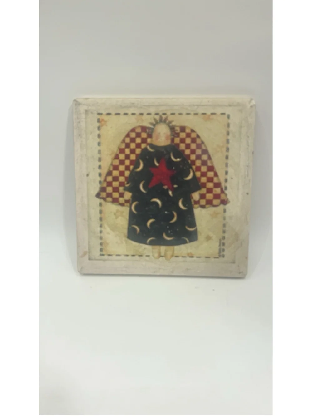 Vtg Debbie Mumm Primitive Angel Stone Coasters Set of 4 Country Folk Americana